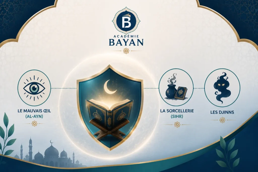 Schéma des trois protections de la roqya : mauvais œil, sorcellerie, djinns