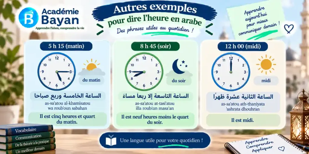 Exemples complets pour dire l'heure en arabe